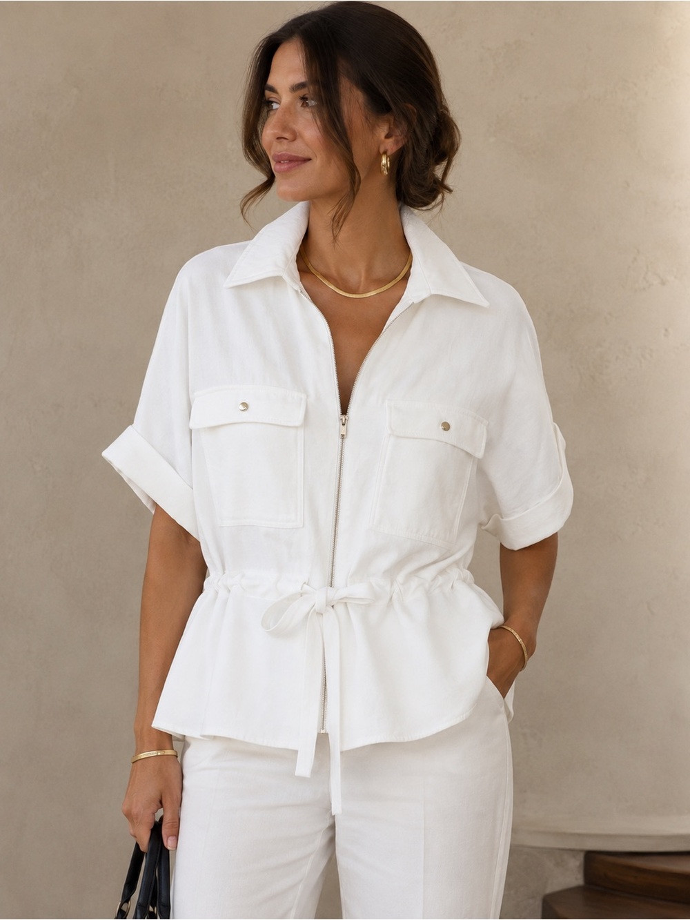 Zara Safari Style Utility Top – XL – White – Zip Front